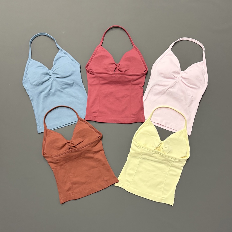 Running Belt - เสื้อกล้ามกีฬาผู้หญิงแบบไร้ตะเข็บ สายคล้องคอแบบสปาเก็ตตี้ แผ่นรองบราถอดได้ แห้งเร็ว เหมาะสำหรับวิ่ง ฟิตเนส